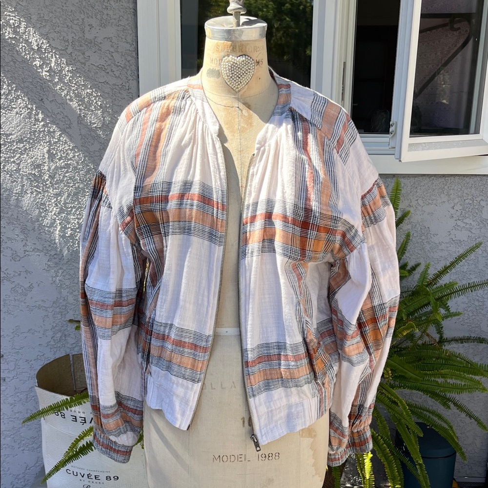 Free People Plaid Zip-Up Bomber Style Jacket lined 100% cotton CUTE!!